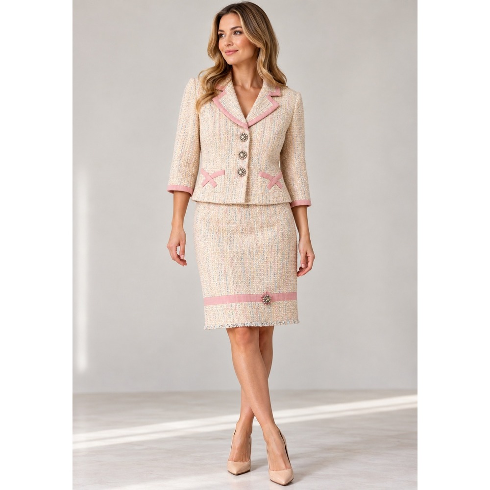Context 6 Petite Skirt Suit Cream Pink Boucle Tweed Jewel Buttons Chanel Inspire